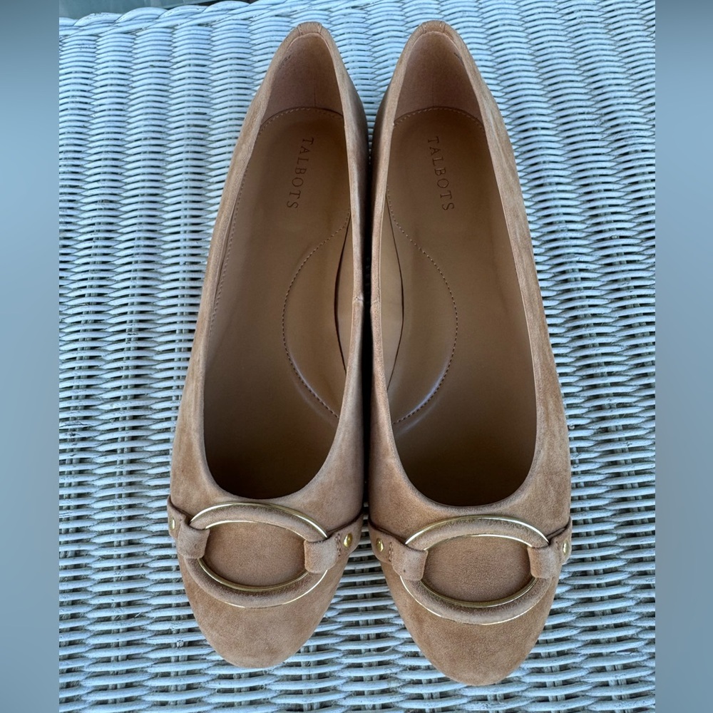 Talbots Tan Suede Flats with Gold Accent